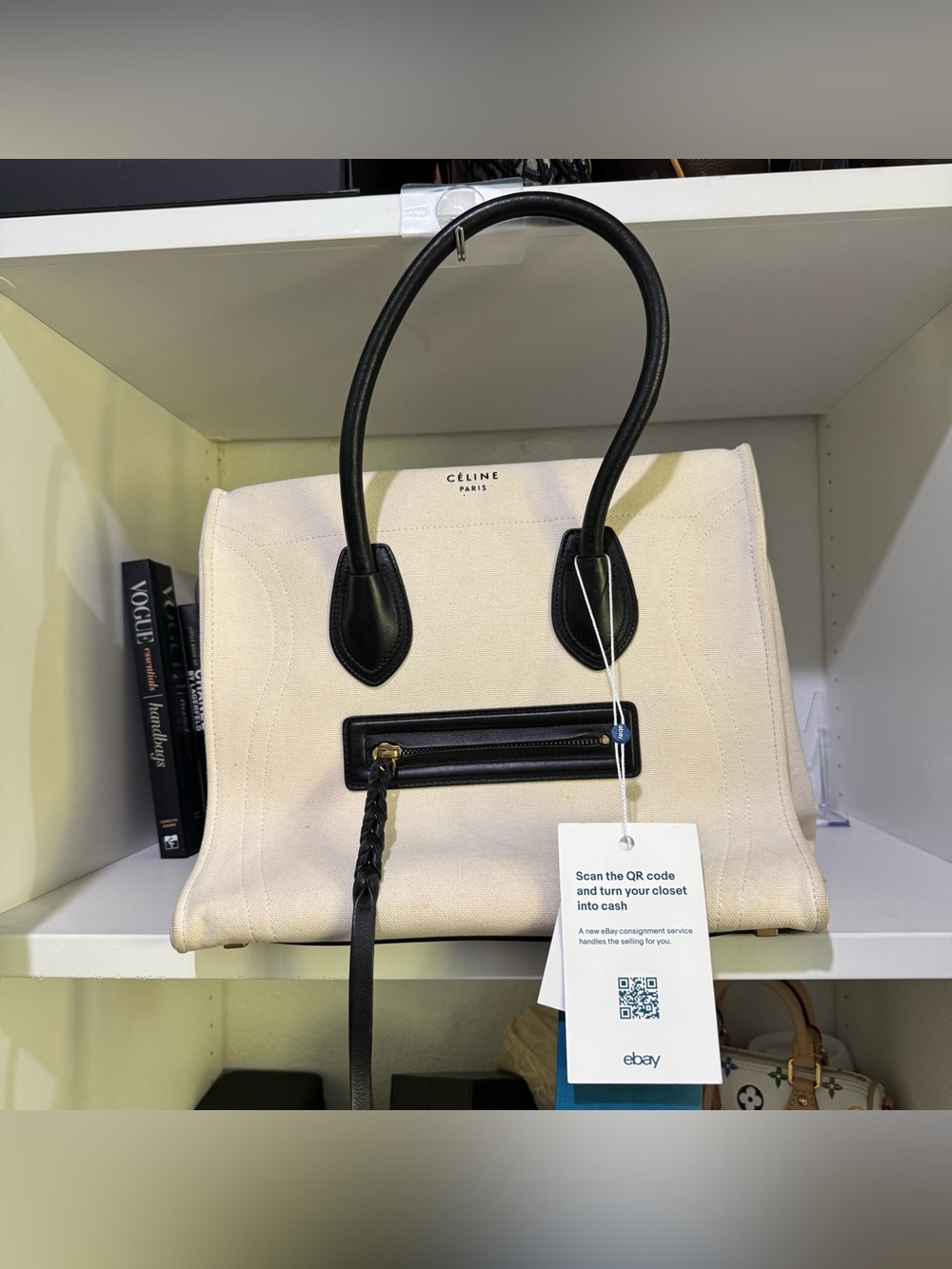Celine Cream Canvas Tote with Black Leather Trim
